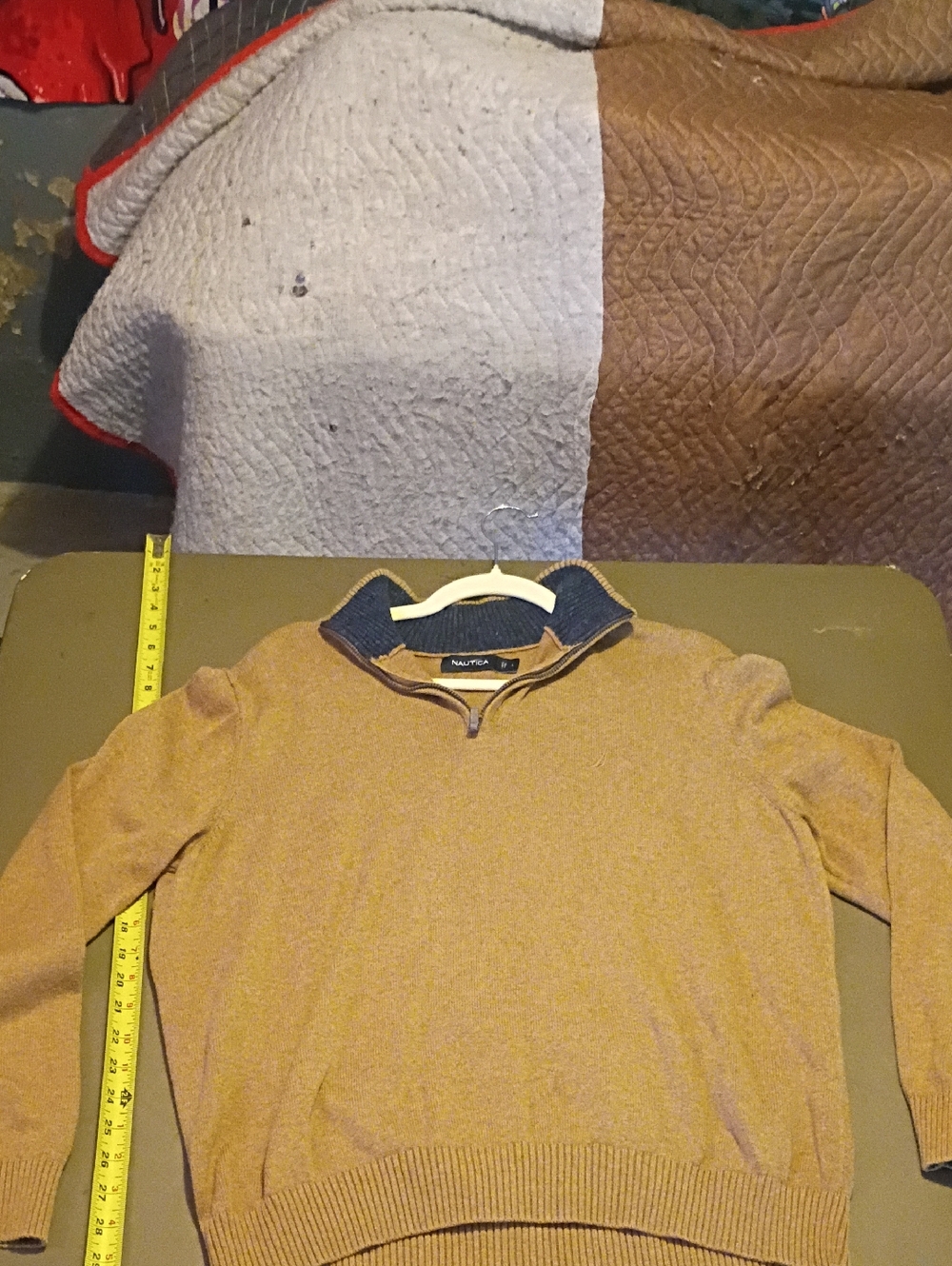 Nautica Men's Tan Zip-Up Sweater with Navy Contrast Collar